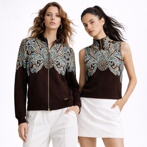 St. John gold metallic Brown Tiffany blue knit Jacket sleeveless  Gold Accents